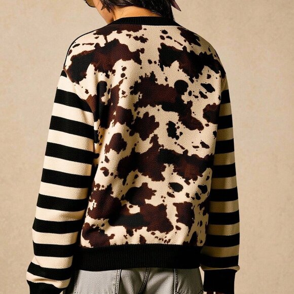 Cozy up  Button Down Cow Print Striped sweater Cardigan - Picture 3 of 5